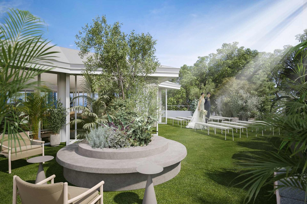 Maison solaのガーデンのイメージ。緑に囲まれた芝生の庭とラウンジチェア、白い建物、新郎新婦
